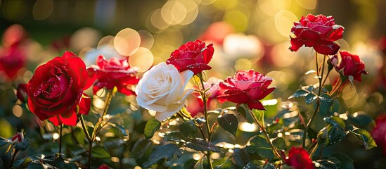A vibrant collection of red and white roses shining brightly in the sunlight in an open field. © AkuAku