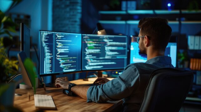 A software developer works on code late into the night, illuminated by the glow of multiple computer screens in a modern office. AIG41