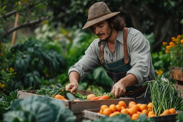 A dedicated greengrocer tends to his bountiful garden, donning a sun hat and apron as he sells fresh, whole foods to eager customers at the local market - obrazy, fototapety, plakaty