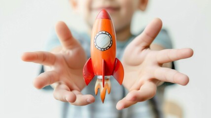 Rocket in Boy Dream of Space Exploration - A playful kid with eyes full of dreams holds a toy rocket, symbolizing the innocent aspirations towards space travel and exploration. This image portrays the