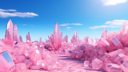 Fantasy Crystal Landscape - Surreal pink crystals stretching into the horizon under a clear sky