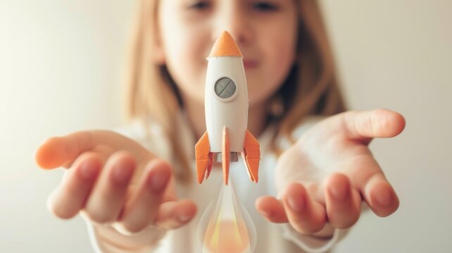 Girl Imagination Fuels Rocket Launch Play - A young child with an imaginative mind plays with a toy rocket, pretending to launch it into space. This heartwarming image encapsulates childhood creativit
