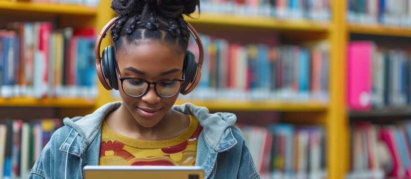 A Spectacled Student Sits In An Office-like Workplace, Wearing Wireless Headphones And Looking At A Tablet While Using It To Listen To An Audiobook.