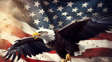 Naklejka premium The national symbol of the USA. Eagle flying with USA flag in the background. Digital art.