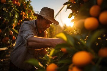 Man working on a orange farm harvesting orangess from a tree