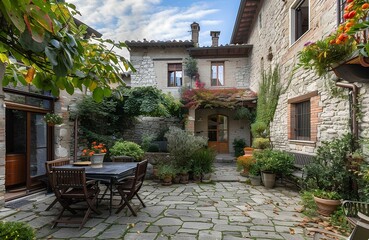 Fototapeta premium Elegant and efficient Umbrian townhouse, ancient stone walls, courtyard, panoramic terrace with loggia, medieval city town. generative AI