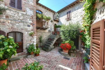 Fototapeta na wymiar Elegant and efficient Umbrian townhouse, ancient stone walls, courtyard, panoramic terrace with loggia, medieval city town. generative AI
