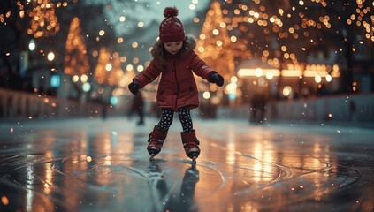 A child glides gracefully on the ice, their warm winter clothing and sturdy footwear standing out against the dark street as they skate under the bright lights of the outdoor rink on a cold winter ni - obrazy, fototapety, plakaty