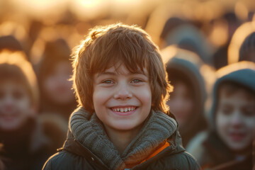 Happy Boy Smiling in Crowd with Warm Sunset Backlight