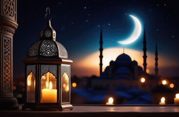 Eid al-Fitr, Laylat al-Qadr, holy month of Ramadan,Arabic fanus lantern on a wooden windowsill, candles, view from the window, mosque with minarets, moon moon and stars - obrazy, fototapety, plakaty