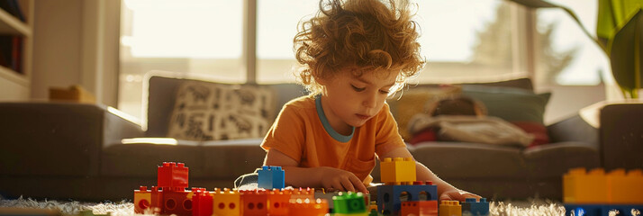 Young boy playing with bloks in his room - obrazy, fototapety, plakaty