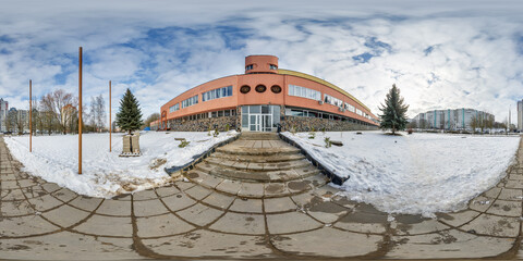 winter hdri 360 panorama view near an old soviet brutalist building and urban development in...