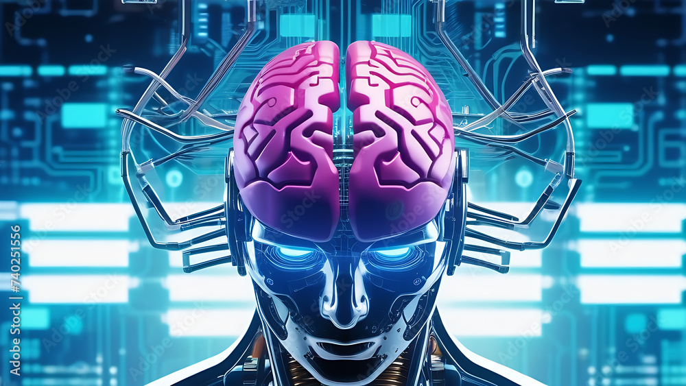 Poster cyborg, humanoid robot with ai brain. bci chip, human engineering concept