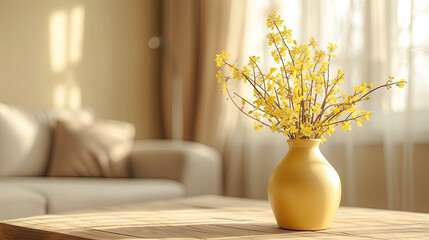 Beautiful spring yellow flowers in a yellow vase on the  table in the room - obrazy, fototapety, plakaty