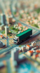 Obraz premium Top view of a model truck standing on a toy town road, trucking transportation concept