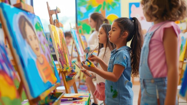 A young girl paints on an easel in an art class, surrounded by her peers, fostering creativity and artistic expression. AIG41