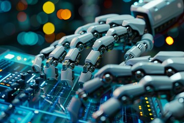 Fototapeta premium Illustration of a close-up of a robot hand typing on a keyboard, depicting the concept of programming automation and the replacement of programmers by artificial intelligence.