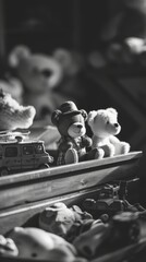 Black and white photo of children's toys, various toys in the children's room