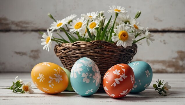  Painted Eggs with Flowers, Easter Banner with copy-space, featuring a Basket of Eggs on White Wood floor