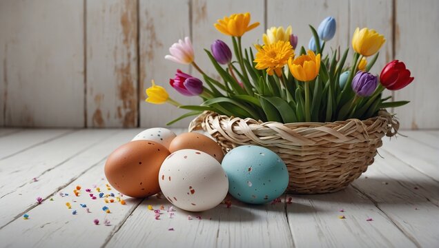  Painted Eggs with Flowers, Easter Banner with copy-space, featuring a Basket of Eggs on White Wood floor