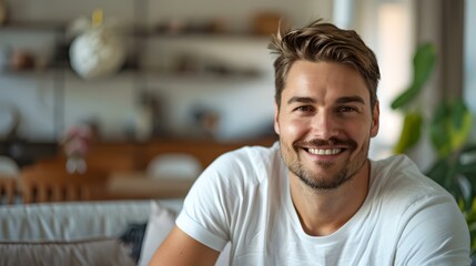 Fototapeta premium Smiling young man in casual wear at home. relaxed, positive and friendly atmosphere portrayed. lifestyle portrait photography. AI