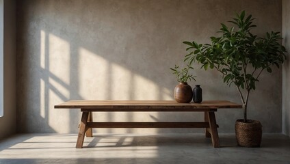 Wood table mockup on bright stucco background with branch shadows on the wall