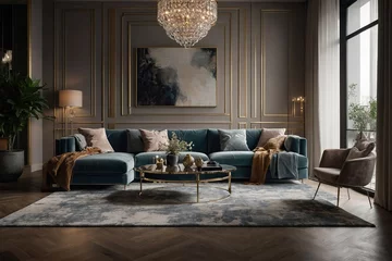 Fotobehang A quiet luxury living room is glam, shiny mirrored or glitzy Rather, quiet luxury style living rooms are filled with warmth collected accents plush seating soft rugs layered lighting home interior © SR Production