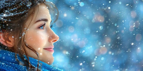A Young Woman&rsquo;s Face Adorned with Snowflakes, Capturing the Serenity and Magic of a Snowy Day, Generative AI