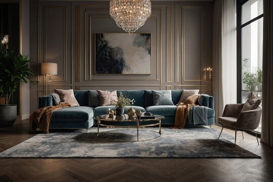 Fototapeta A quiet luxury living room is glam, shiny mirrored or glitzy Rather, quiet luxury style living rooms are filled with warmth collected accents plush seating soft rugs layered lighting home interior