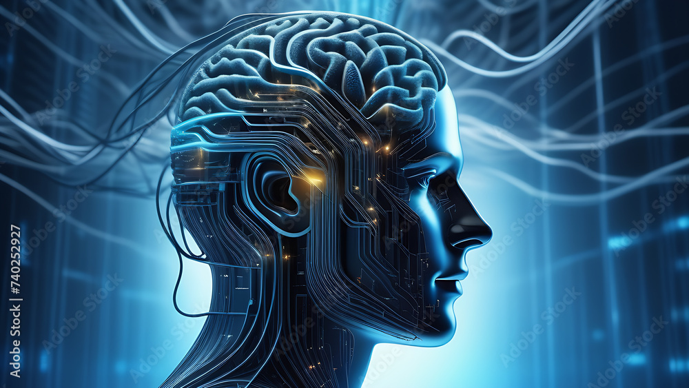 Aufkleber Cyborg with AI brain. BCI chip, human engineering concept. Machine learning, neural network