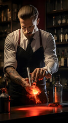 Bartender making a drink, working as a bar tender, bar tender