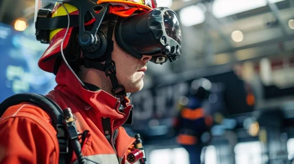 Fotobehang Firefighter training in virtual reality, simulating various emergency scenarios to hone their skills and decision making abilities © Andrii