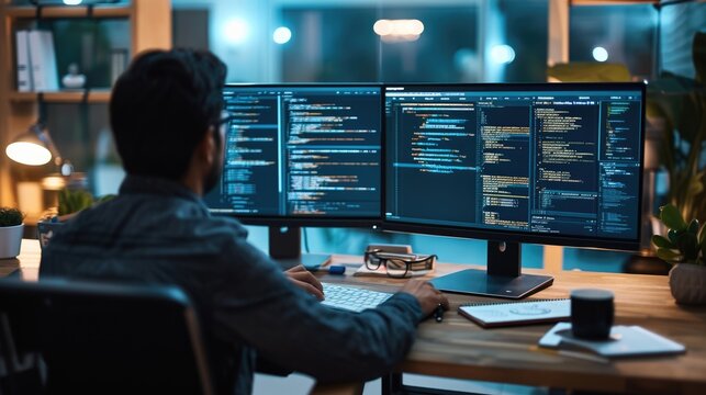 A focused software developer codes on a dual monitor setup in a modern office environment with a minimalist aesthetic. AIG41