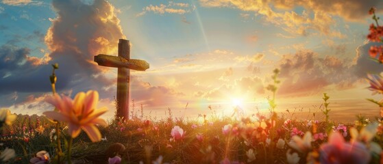Sun rising behind a wooden cross adorned with fresh spring flowers. Easter morning. - obrazy, fototapety, plakaty