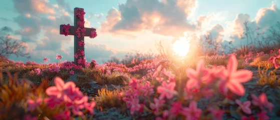 Foto op Canvas Sun rising behind a wooden cross adorned with fresh spring flowers. Easter morning. © Andrii