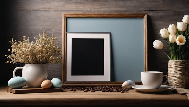 Blank picture frame mockup,Wooden bench, table composition with cup of coffee, easter decoration