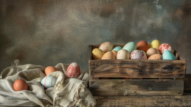 Wooden crate filled with freshly picked Easter eggs. Composition of flowers and eggs.