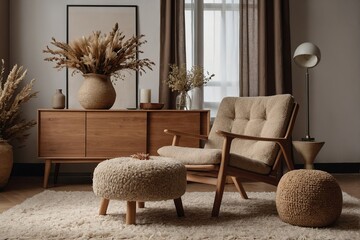 Creative composition of living room interior with copy space, boucle armchair, brown pillow, sideboard slippers, beige rug, vase with dried flowers