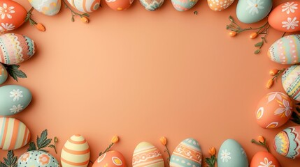Colorful Easter Eggs frame border over a pastel orange background with Copy space.