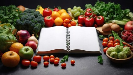empty blank Notebook in the middle and around vegetables, Fruits, Meat, Everything is intended for a diet Healthy and balanced nutrition