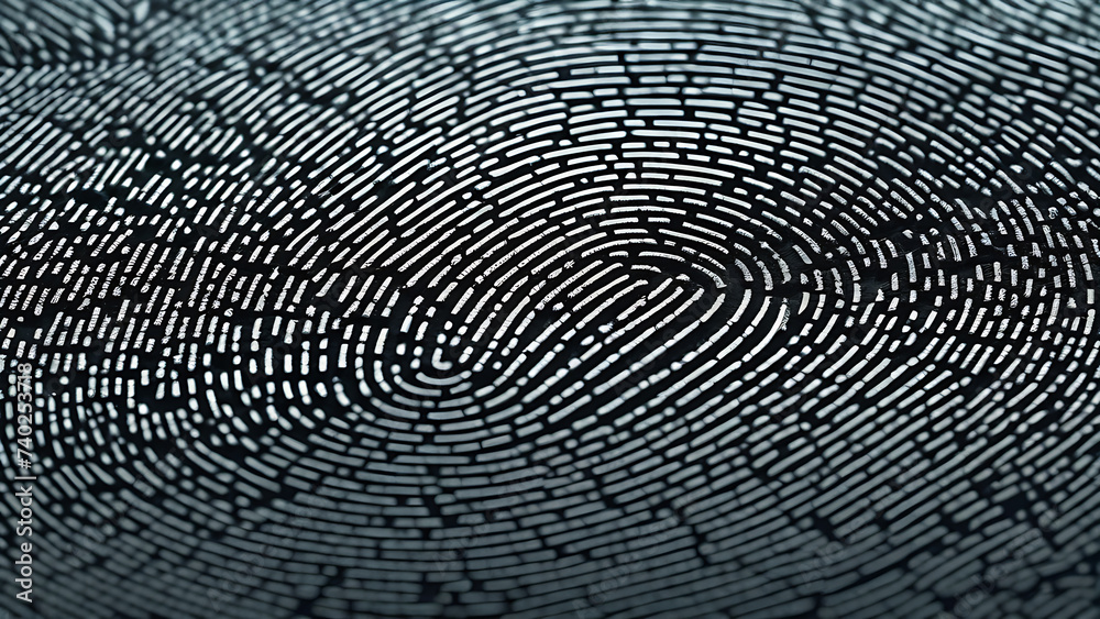 Poster Identity and security with fingerprint access. Digital finger print scanner, closeup, macro