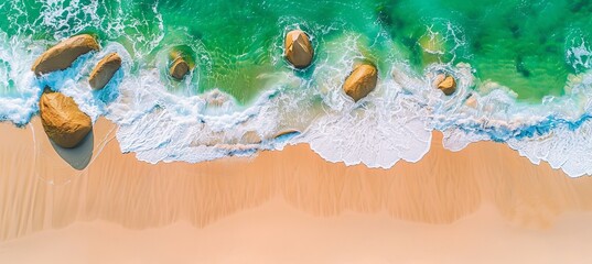 Aerial view of clean turquoise waves crashing on rocky ocean shore with picturesque landscape