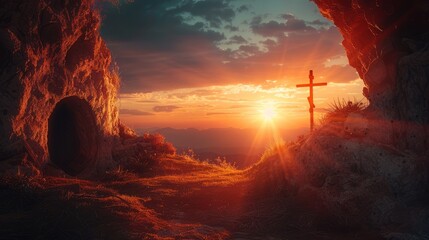 Empty tomb with Crucifixion At Sunrise Resurrection Of Jesus Christ - obrazy, fototapety, plakaty