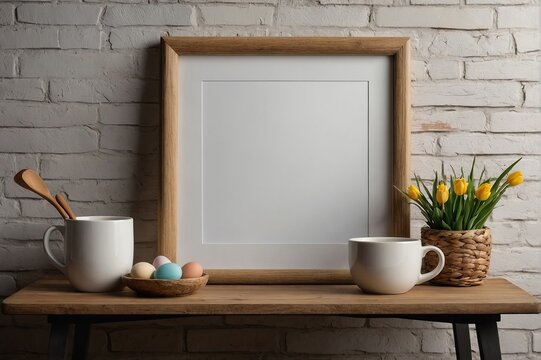 empty Blank picture frame mockup,Wooden bench, table composition with cup of coffee, easter decoration