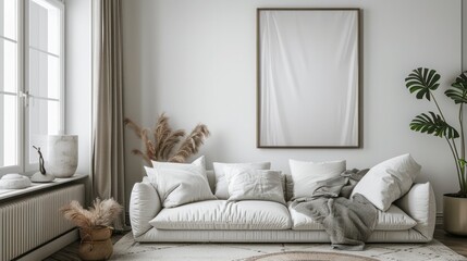 White cozy room interior with empty frame mock up on the wall