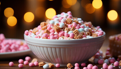 Indulgent candy bowl, a sweet temptation for birthday celebration generated by AI