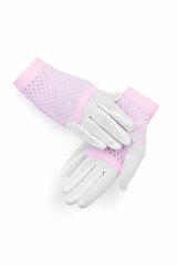Subject shot of short mesh mittens. The pair of pink fingerless gloves is isolated on the white background.