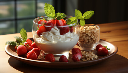 Fresh strawberry yogurt parfait on wooden table, healthy and delicious generated by AI