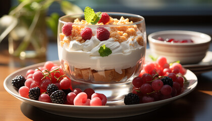 Freshness in a bowl yogurt, berries, granola, and mint leaf generated by AI