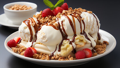 Freshness and indulgence on a plate strawberry ice cream sundae generated by AI